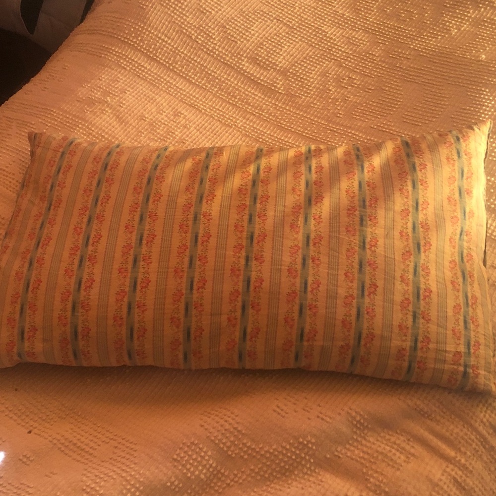 Vintage farmhouse rose flower, blue stripe ticking feather pillow